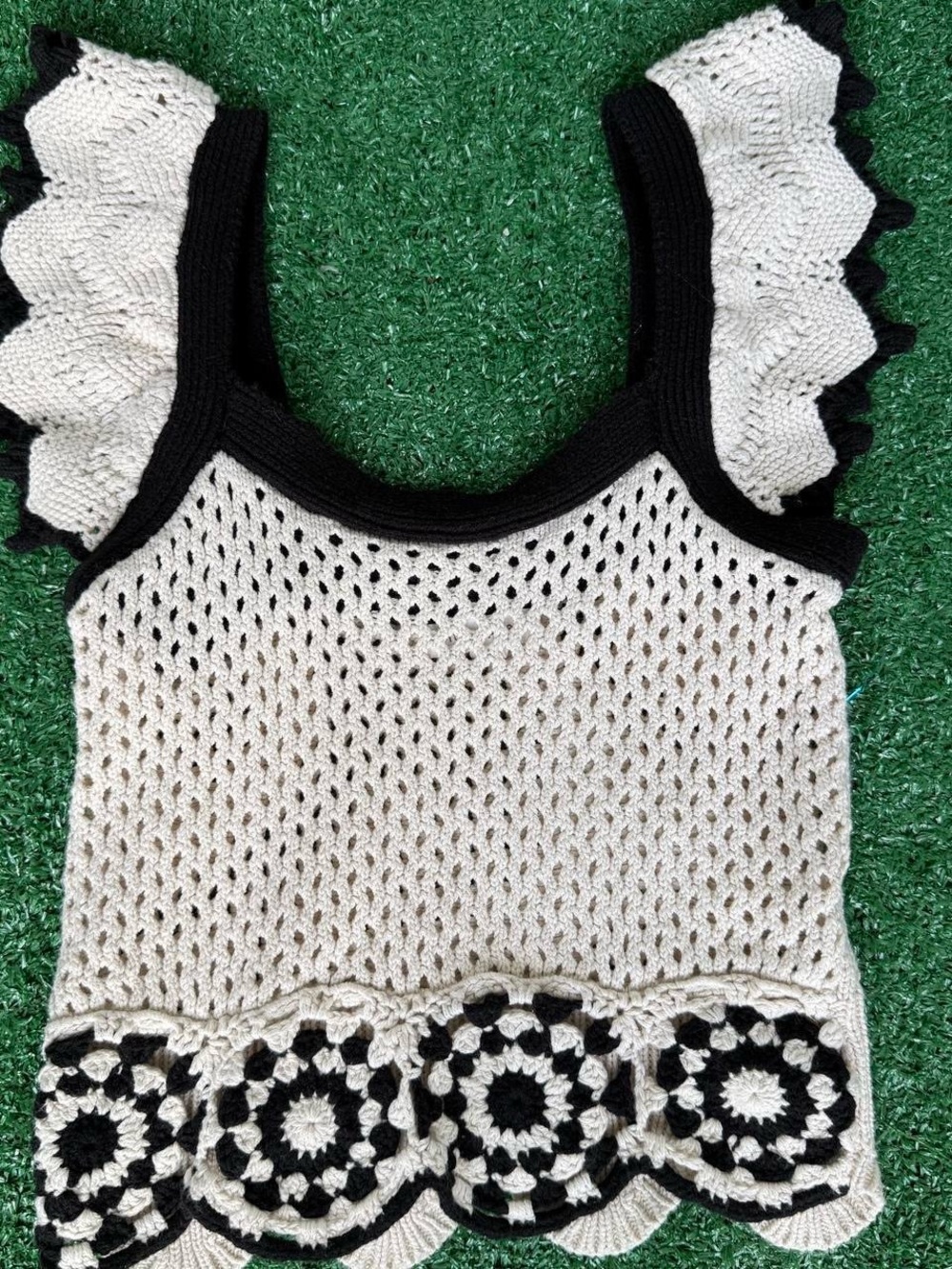 Blu Pepper Cream and Black Crochet Knit Tank Top